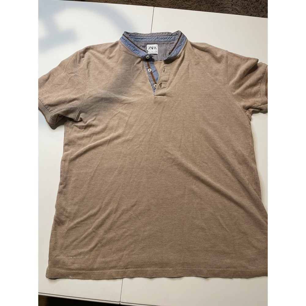 Zara Mens Tan Textured Pique Band Collar Polo Shirt Large Houndstooth Accent L